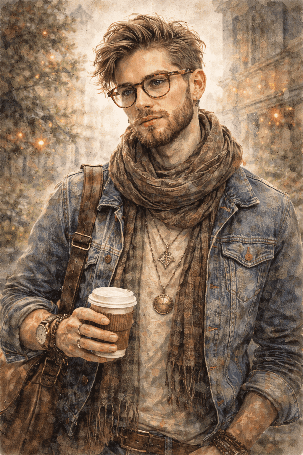 Akvarelová ilustrace muže v hipsterském vintage oblečení s retro doplňky.