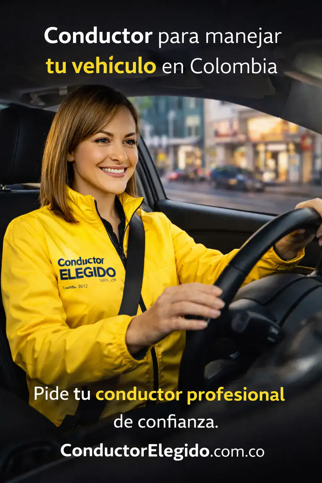 Conductora profesional de Conductor Elegido junto a vehículo incluido para clientes que no tienen carro en Colombia