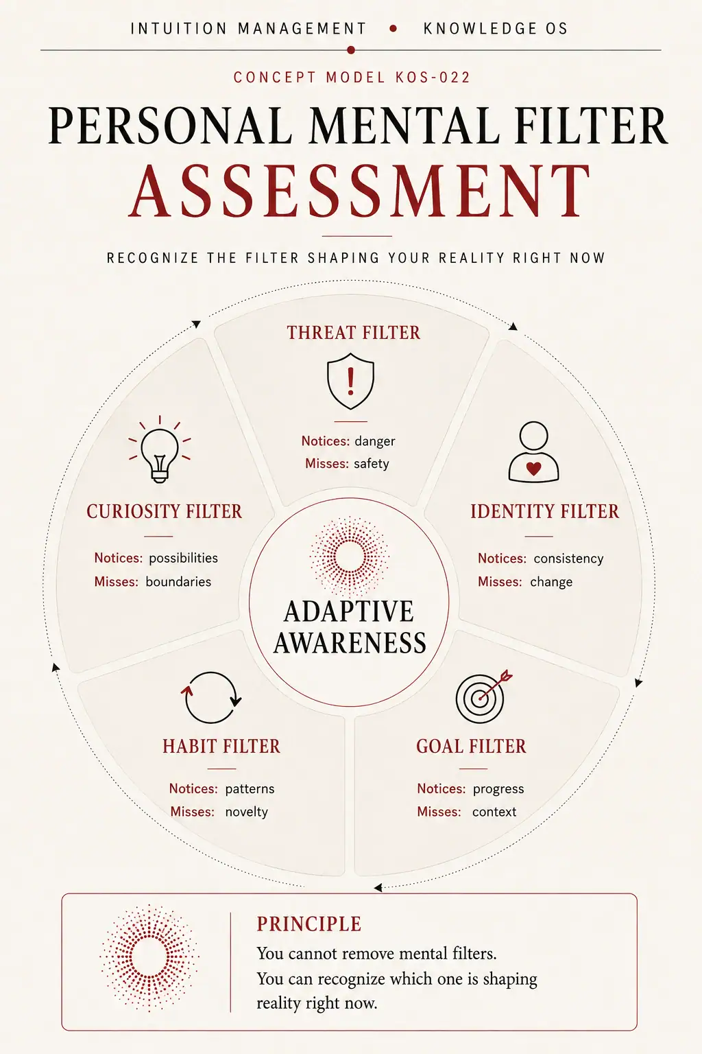 The Personal Mental Filter Assessment maps threat, identity, goal, habit and curiosity filters around adaptive awareness.