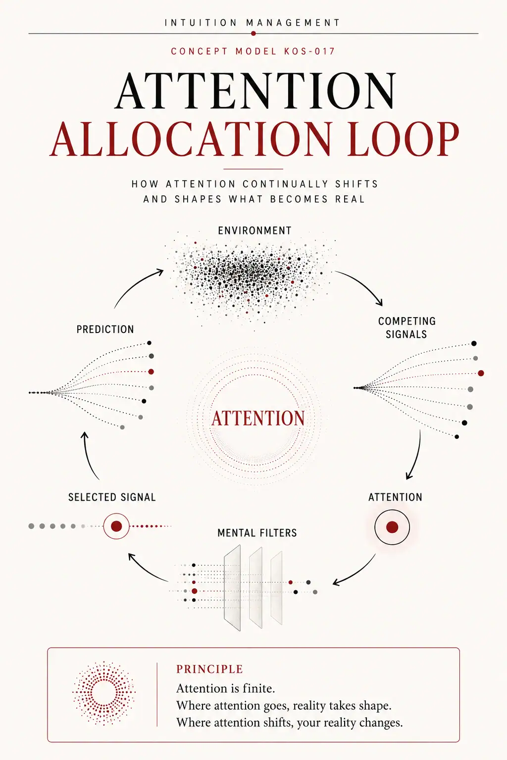 The Attention Allocation Loop shows how competing signals are selected through attention and mental filters.