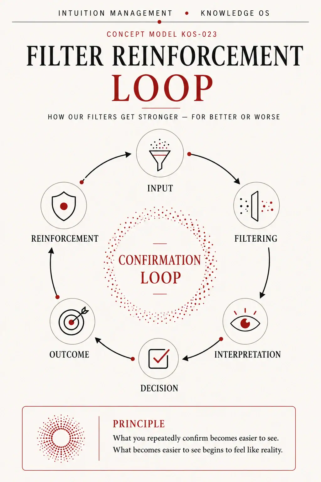 The Filter Reinforcement Loop shows how input, filtering, interpretation, decision and outcomes can strengthen existing filters.