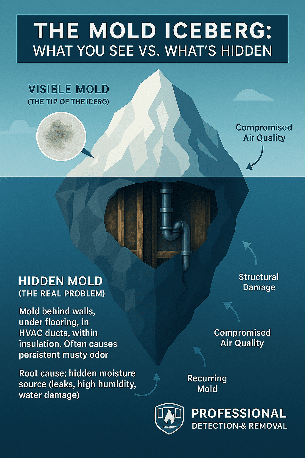 ‘Mold Iceberg’ concept, showing visible mold on the surface and hidden mold beneath walls, floors, and HVAC systems.