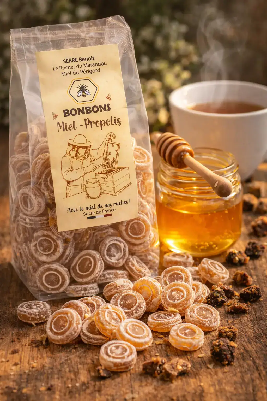 Bonbons artisanaux au miel du Périgord et propolis en sachet, versés sur une table en bois avec pot de miel, propolis et tasse de thé