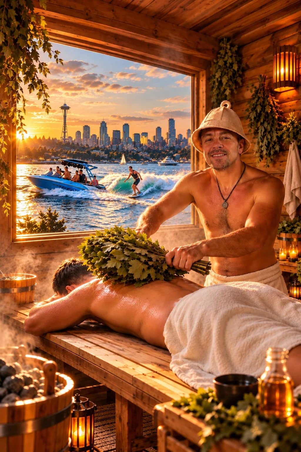 Wakesurf + Sauna Day in Seattle: banya-style steam sauna with a birch-leaf venik, wakesurf boat and Space Needle at sunset outside the window