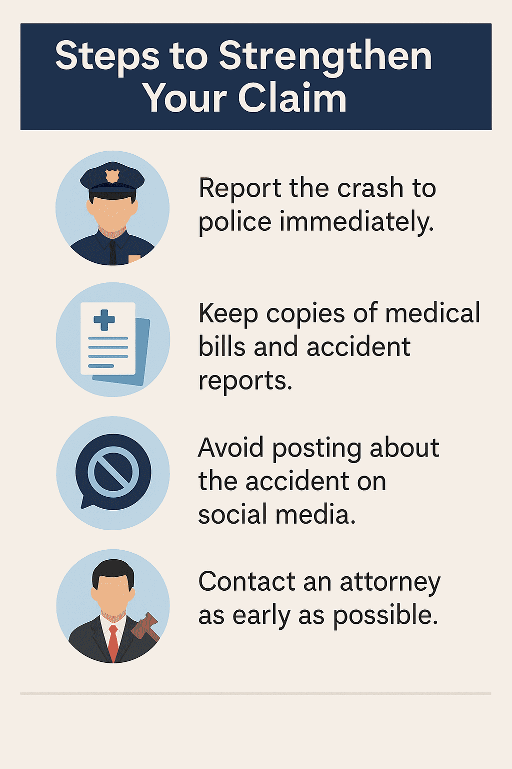 Infographic showing steps to strengthen your claim after a hit-and-run accident in Texas: report crash to police, keep medical bills, avoid social media, contact an attorney.