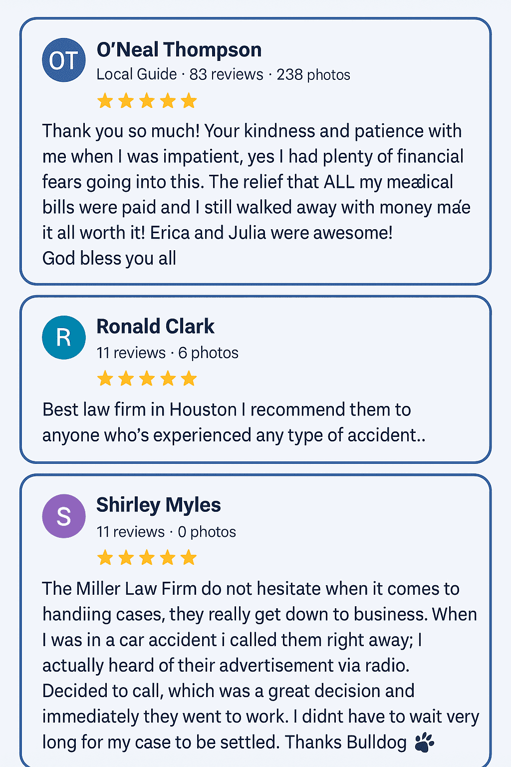 Infographic showing five-star Google reviews from clients of The Miller Law Firm – The Texas Bulldog in Houston, including Oneal Thompson, Ronald Clark, and Shirley Myles praising the firm’s professionalism and results.