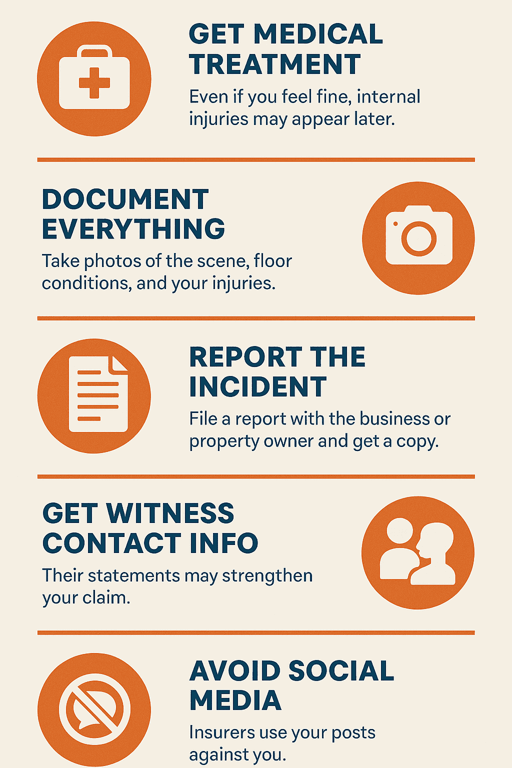 Six steps to take after a slip and fall accident, including medical treatment, documentation, reporting, witness info, avoiding social media, and calling a Houston slip and fall attorney.