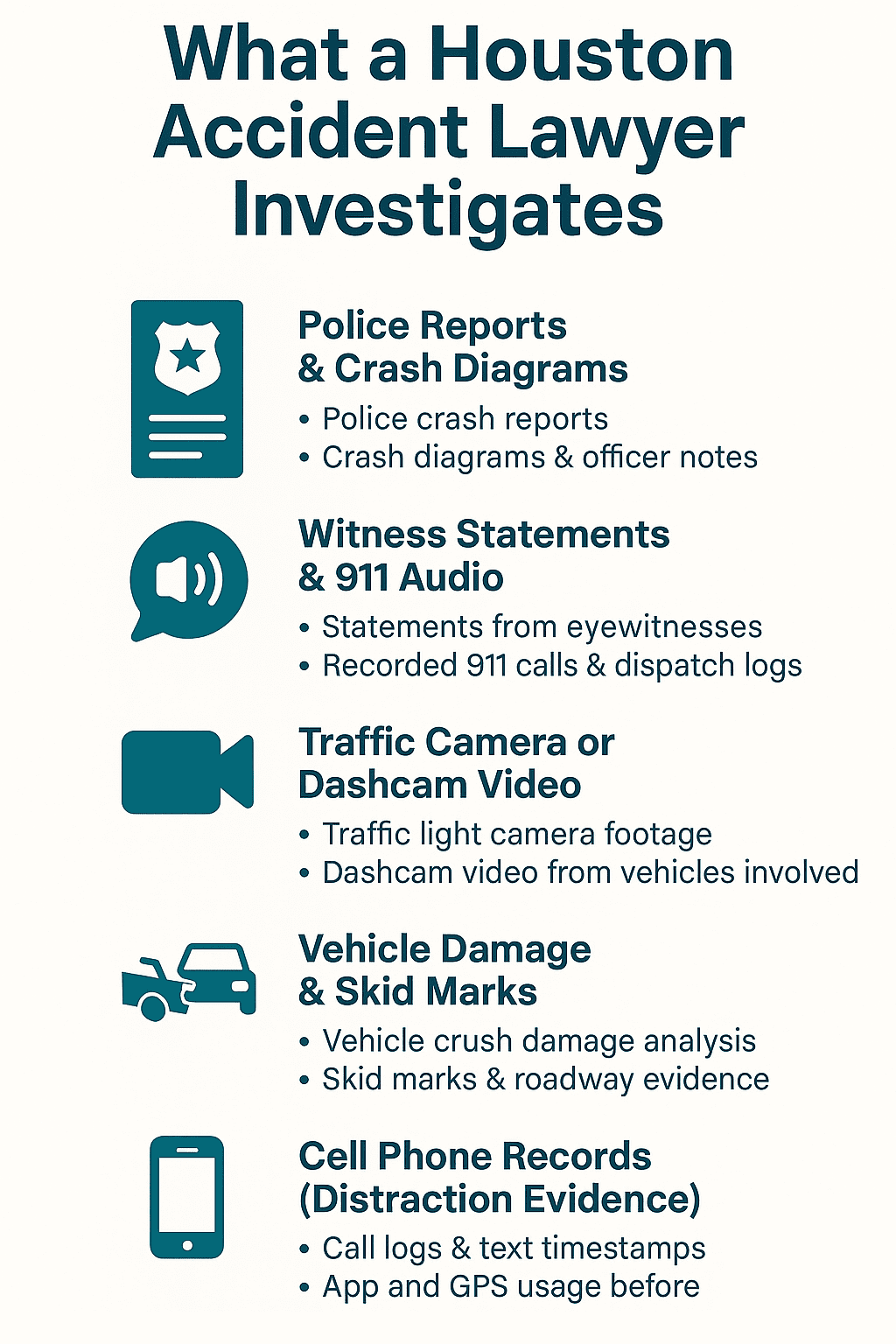 Investigation steps a Houston accident lawyer reviews including police reports, witness statements, video footage, skid marks, and cell phone records.