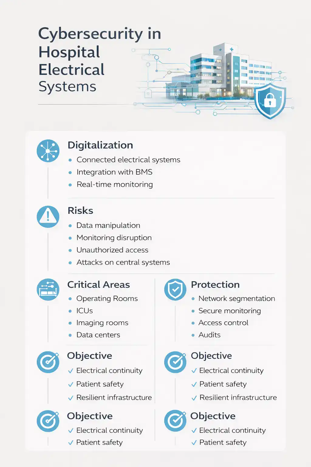 Cybersecurity scheme for hospital electrical infrastructures cybersecurity infographic for hospital electrical systems
