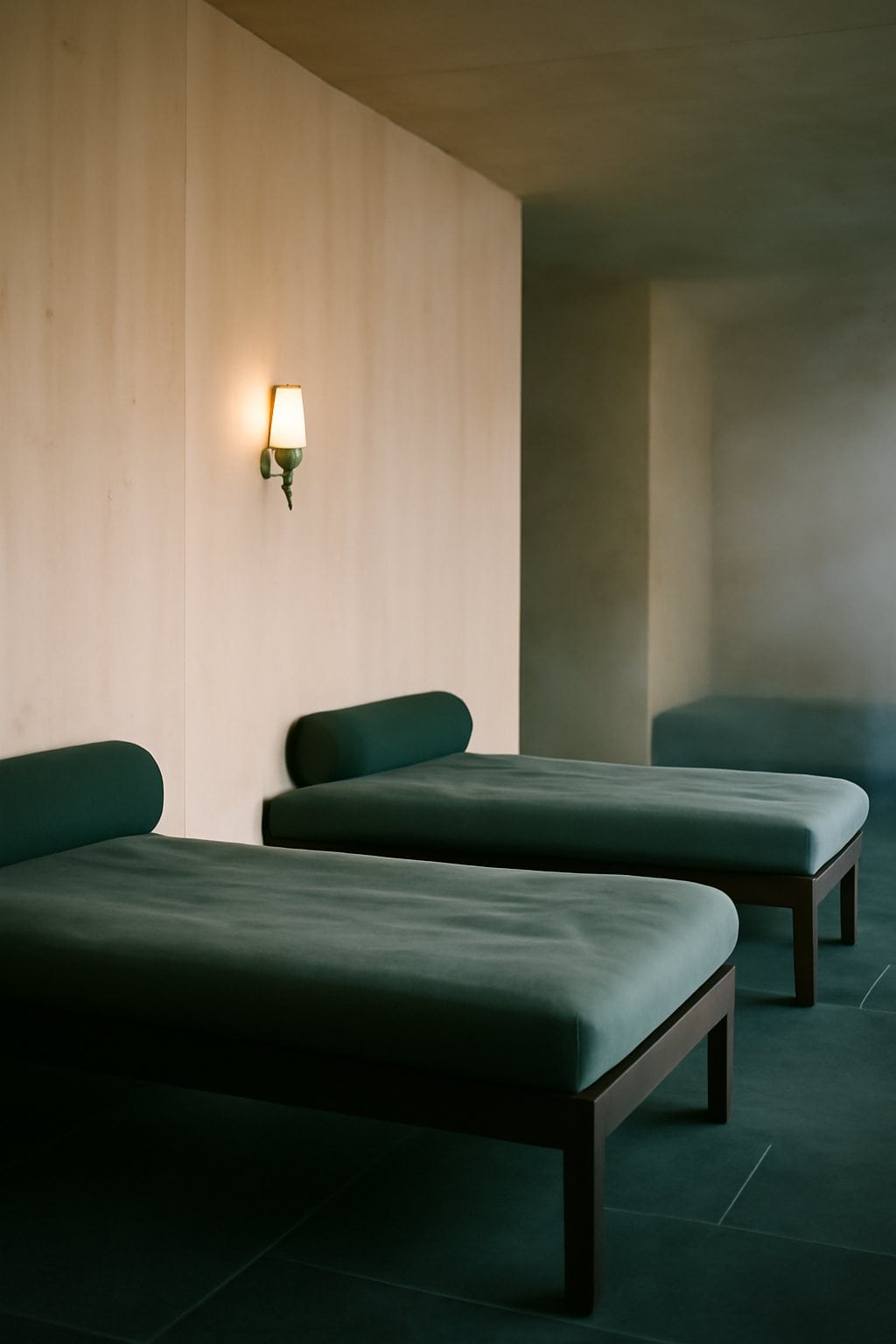 Le lounge nordique du day-spa H2O, bois de bouleau, pierre, lumière chaude — Saint-Étienne