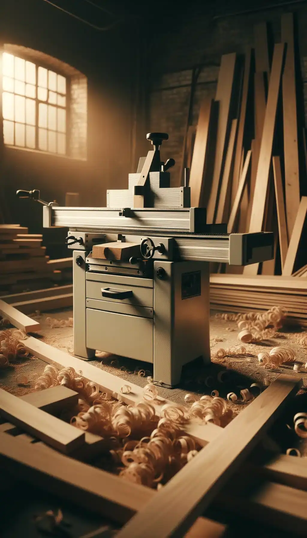 HolzTools 1 Die Atmosphäre einer traditionellen Holzwerkstatt im warmen Morgenlicht, das durch ein großes Industriefenster fällt. Im Zentrum steht eine professionelle Abricht- und Dickenhobel-Maschine in klassischem Industriegrau. Das Werkzeug ist umgeben von frischen Holzspänen und sorgfältig aufgereihten Holzlatten im Hintergrund. Die handwerkliche Präzision wird durch die detailreiche Mechanik der Maschine unterstrichen, während die geschwungenen Holzspäne am Boden von der aktiven Nutzung und Qualität der Holzbearbeitung zeugen. Diese Aufnahme verkörpert die perfekte Symbiose aus traditionellem Handwerk und moderner Maschinentechnik - genau wie HolzTools.de sie ihren Kunden bietet.