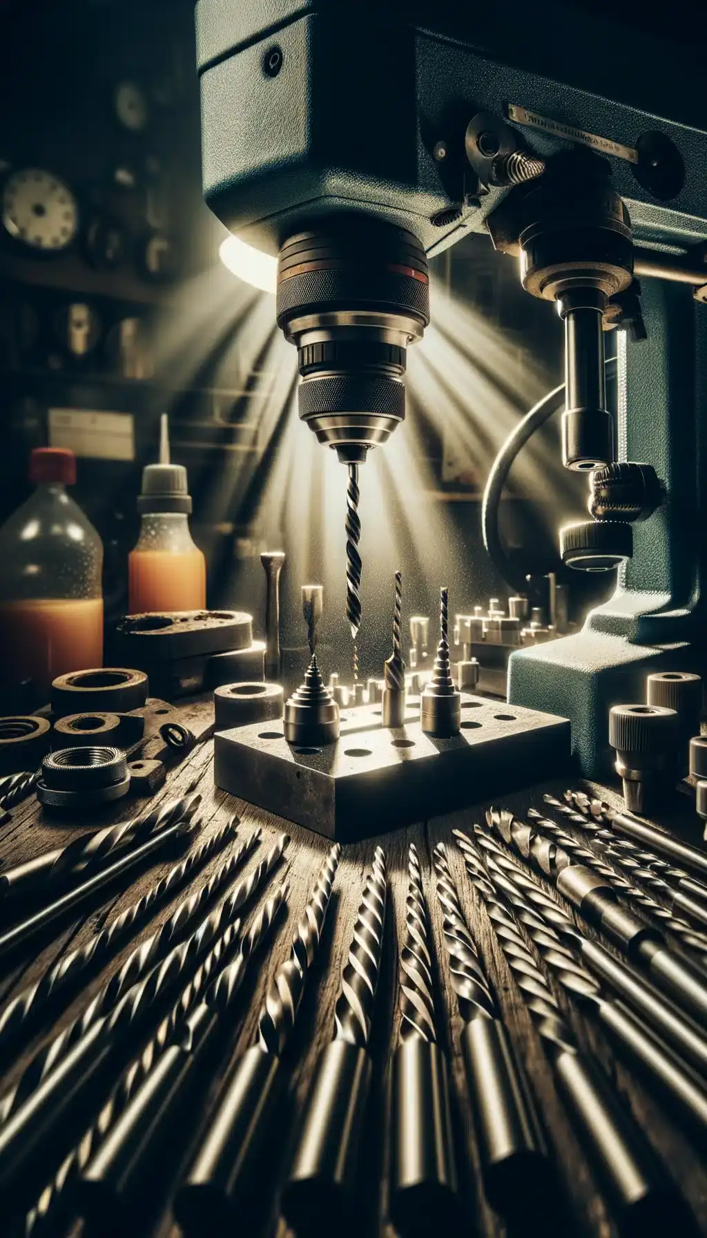 HolzTools 2 Nahaufnahme einer professionellen Standbohrmaschine in dramatischer Beleuchtung. Durch einfallendes Licht entstehen faszinierende Lichtreflexe auf den spiralförmig angeordneten Bohrern im Vordergrund. Im Zentrum des Bildes ist ein Bohrfutter mit eingespanntem Spiralbohrer zu sehen, umgeben von einem sortierten Bohrerständer mit verschiedenen Bohrergrößen. Im Hintergrund sind Werkstattutensilien wie Flaschen mit Kühlmittel zu erkennen. Die präzise Anordnung der Werkzeuge und das handwerkliche Ambiente vermitteln Professionalität und technische Expertise - charakteristisch für die Qualitätsstandards von HolzTools.de.