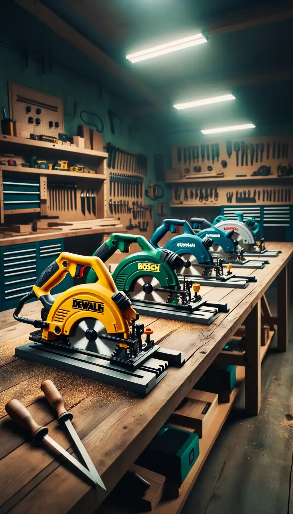 HolzTools 4 Eine professionell arrangierte Werkstatt-Szene mit einer beeindruckenden Reihe von Handkreissägen auf einer massiven Holzwerkbank. Im Vordergrund sticht eine leuchtend gelbe DeWalt Kreissäge hervor, gefolgt von Modellen in Grün- und Blautönen von Bosch und anderen Premium-Herstellern. Die Werkzeugwand im Hintergrund ist systematisch mit verschiedenen Handwerkzeugen bestückt, während Leuchtstoffröhren an der Decke die Szene in ein charakteristisches, industrielles Licht tauchen. Zwei Holzmeißel im Vordergrund der Werkbank ergänzen die Komposition. Die perfekte Organisation und hochwertige Ausstattung der Werkstatt spiegeln die Professionalität und Qualitätsansprüche von HolzTools.de wieder.
