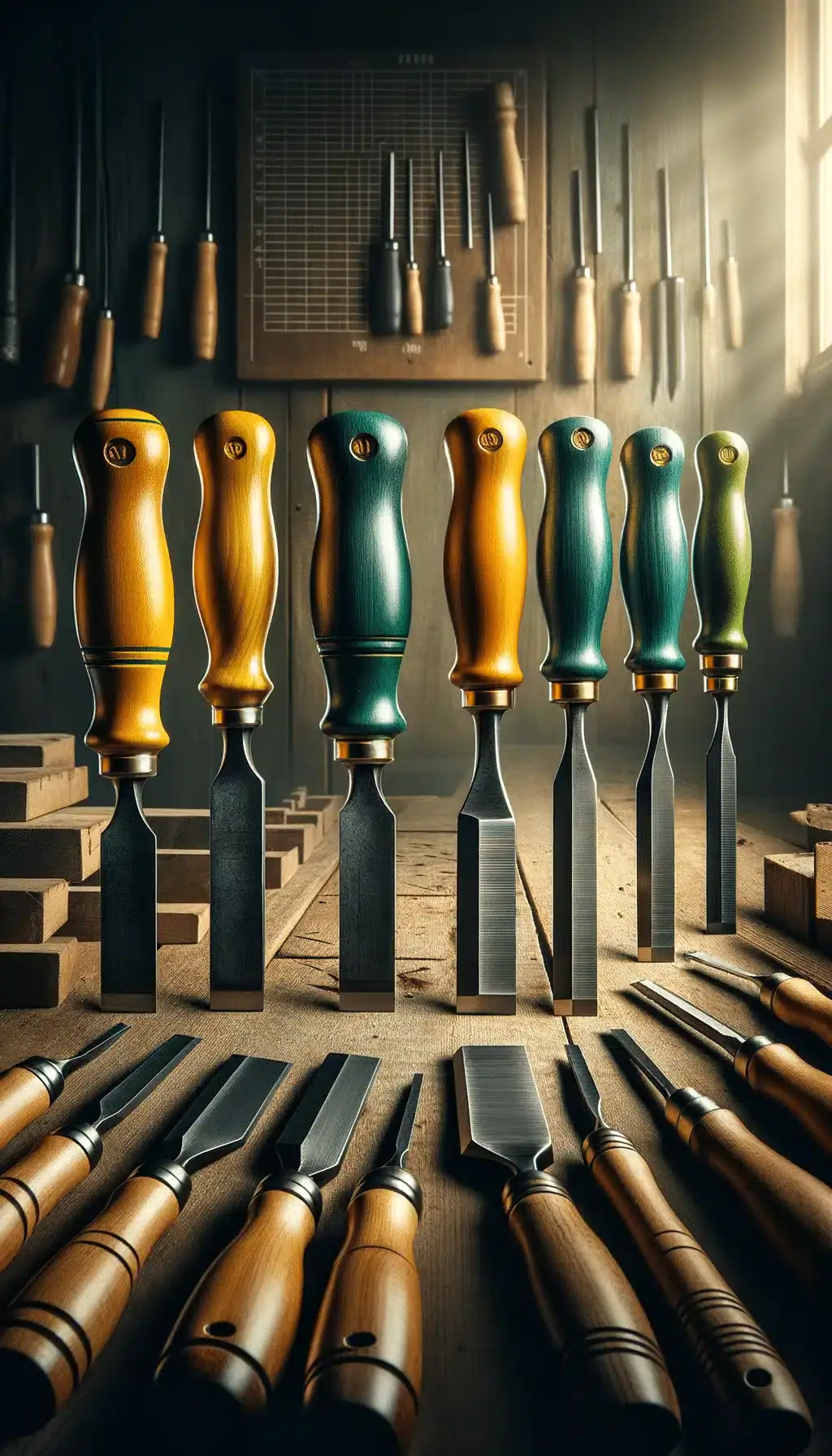 HolzTools 6 Eine kunstvolle Komposition hochwertiger Stechbeitel in einer traditionellen Holzwerkstatt. Sieben handgefertigte Beitel mit eleganten Holzgriffen in warmen Gelb- und kühlen Grüntönen stehen aufrecht im Zentrum des Bildes. Die Messingzwingen glänzen im einfallenden Seitenlicht, während die polierten Stahlklingen präzise geschliffen sind. Im Hintergrund ziert eine klassische Werkzeugwand mit weiteren Stechbeiseln die Szenerie. Im Vordergrund liegen symmetrisch angeordnete Beitel auf der massiven Holzwerkbank, deren Maserung im warmen Licht schimmert. Die gesamte Aufnahme strahlt handwerkliche Perfektion und Qualität aus - Werte, für die HolzTools.de steht.