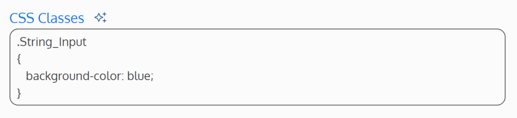 Screenshot of the CSS Classes field with a blue background property applied to the .String_Input class