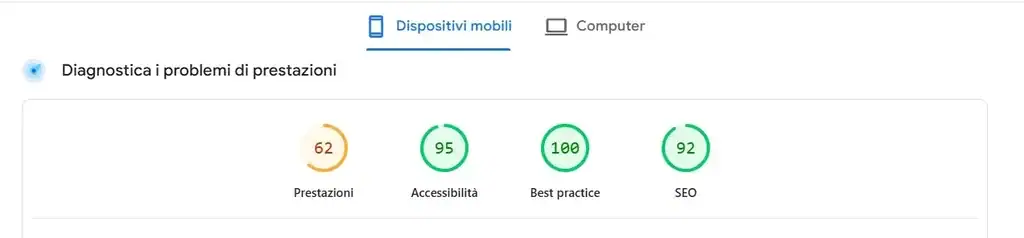 risultati della diagnostica problemi i prestazioni in PageSpeed Insights su dispositivi mobili