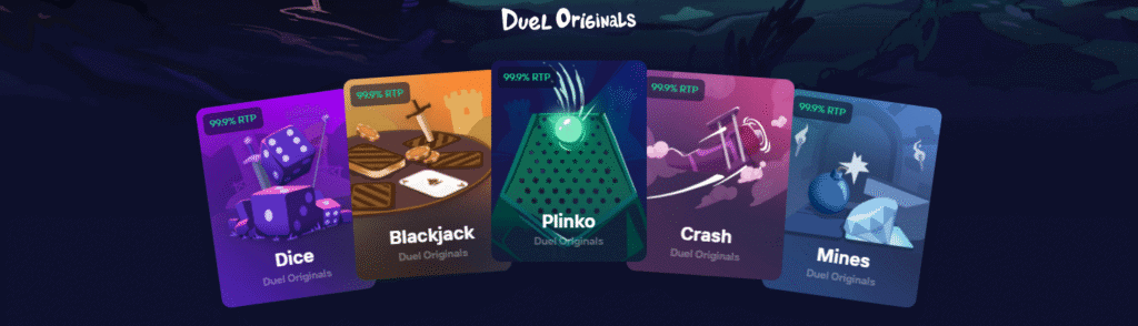 Duel.com Duel Originals games showing dice, blackjack, plinko, crash, mines with 99.9% RTP