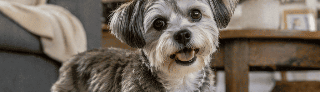Small senior dog standing comfortably at home during in-home veterinary care