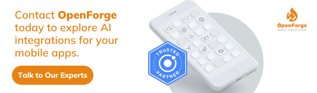 "Advertisement banner for OpenForge promoting AI integrations for mobile apps, featuring a smartphone with app icons and a 'Trusted Partner' badge. The banner encourages contacting OpenForge's experts for more information." iOS 18.1 beta Apple