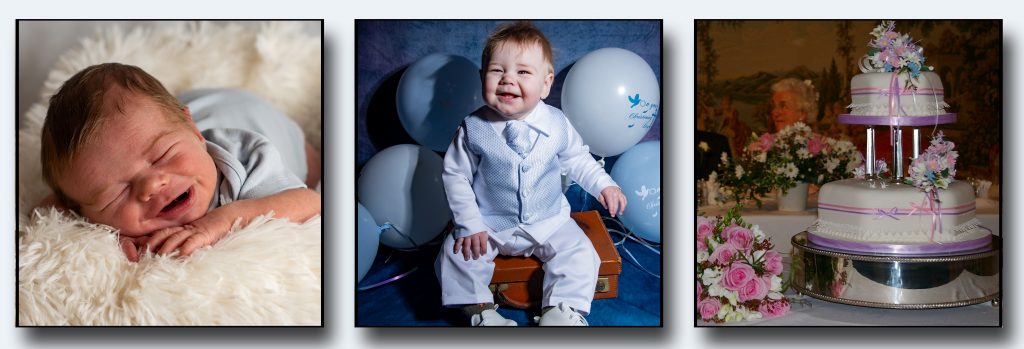 Collage of baby milestone photos taken in the Hampshire and West Sussex area, featuring a newborn smiling on a white blanket, a baby boy in a white christening outfit with blue balloons, and a two‑tier celebration cake decorated with purple ribbons and flowers at a Wedding.