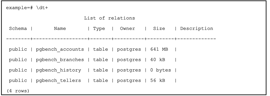 '\dt+' komutu ile pgbench tablolarının boyutlarının listelenmesi