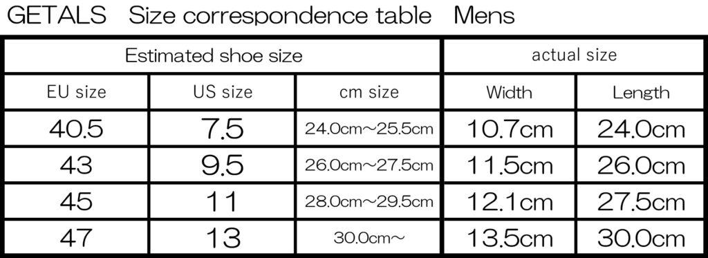 GETALS Men's Size Chart