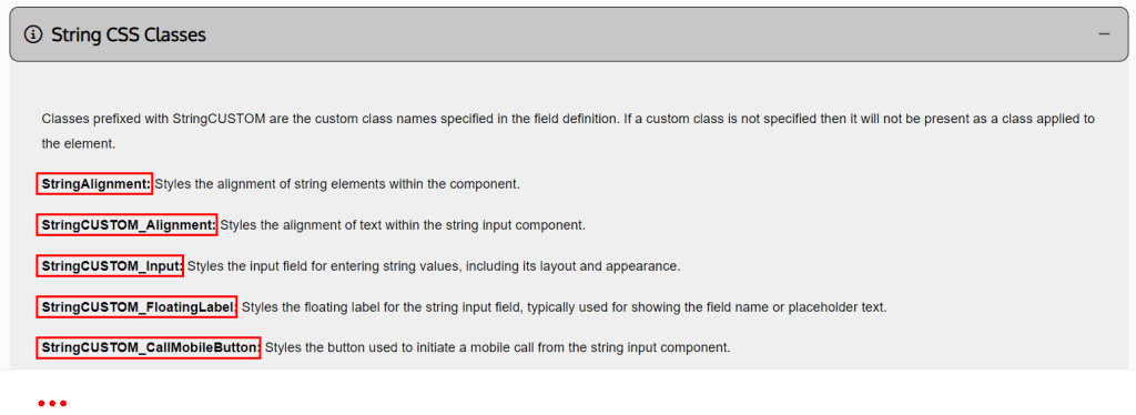 Screenshot of the CSS classes added by default to the string field