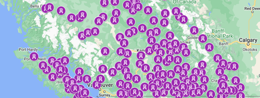 Digital downloadable map of Fire Tower Lookouts in BC