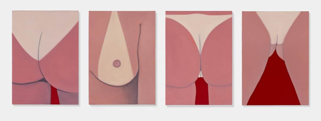 Lize Bertelli's painting showing close-up views of nude female bodies in shades of pink and red, focusing on torsos, breasts, and hips with minimalist, soft lines and shapes.