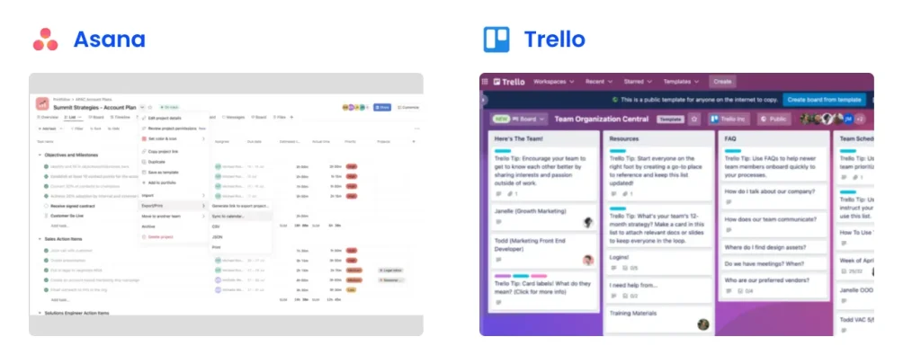Side-by-side view of Asana and Trello user interfaces, showcasing their respective dashboard layouts and features for project management.