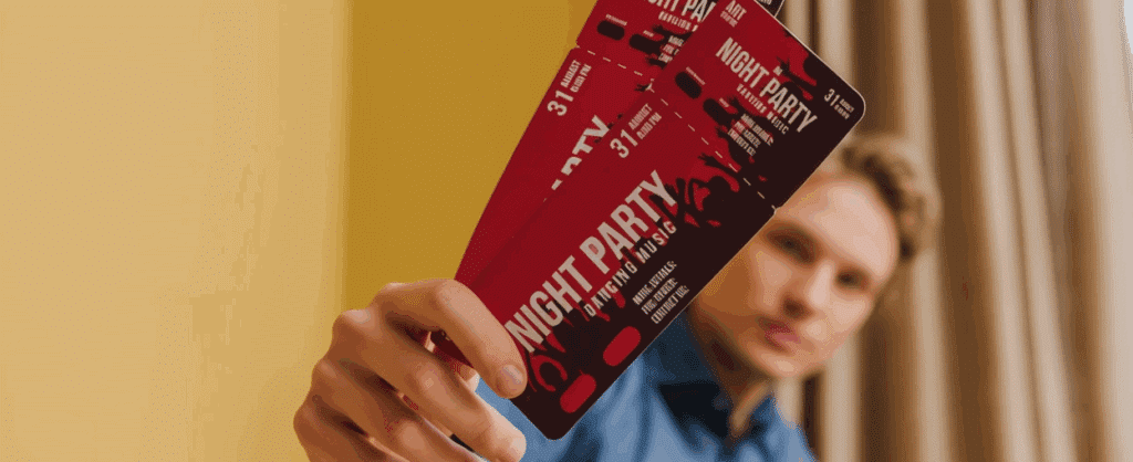 Man holding night party tickets. Direct mail marketing for events.