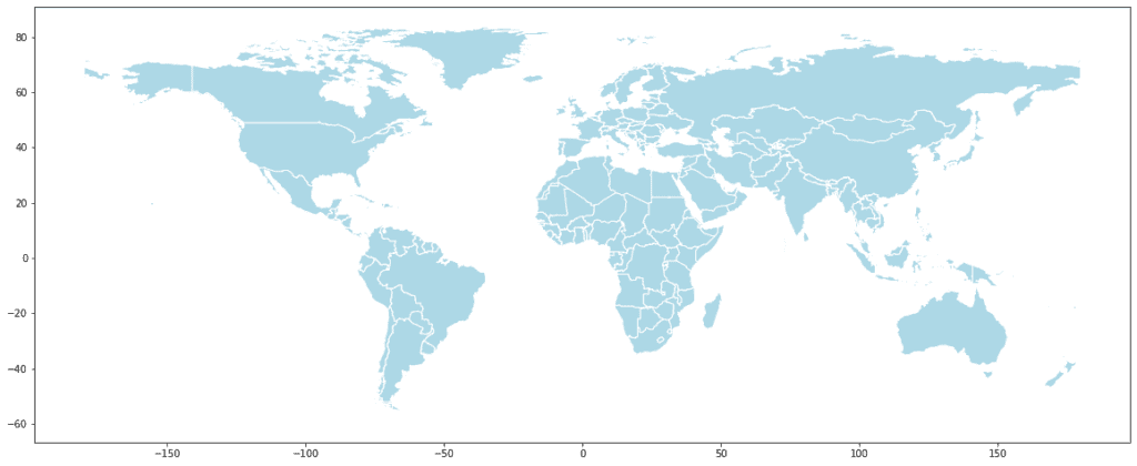 Geographic map of the world. This is an empty shema we will use as the basis for color-coded geo heatmpaps.