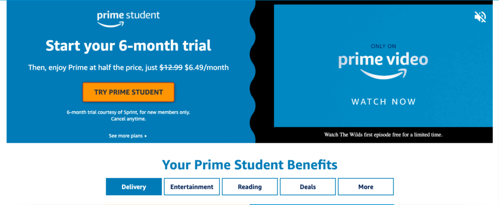 With Amazon Prime Student, you can use your student email to qualify for a 6-month free trial. 