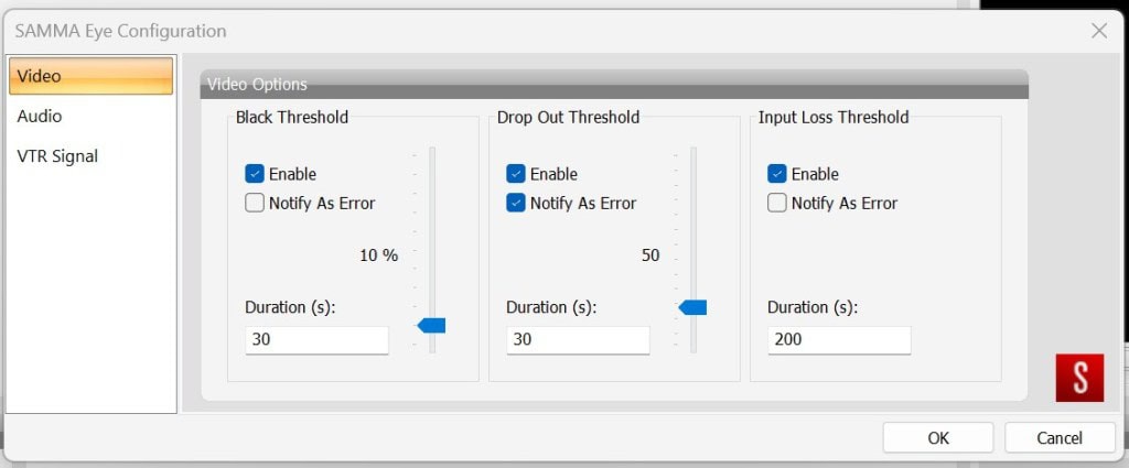 SAMMA eye video configuration settings screen: set thresholds for quality before you digitize your tapes.