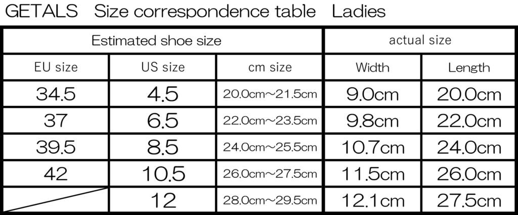 GETALS Women's Size Chart