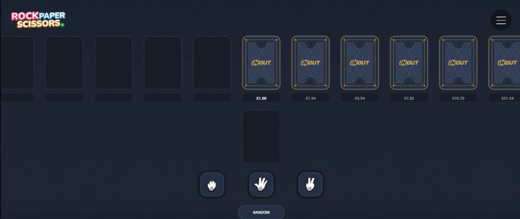 Rock Paper Scissors InOut game interface with multiplier progression cards and selection buttons
