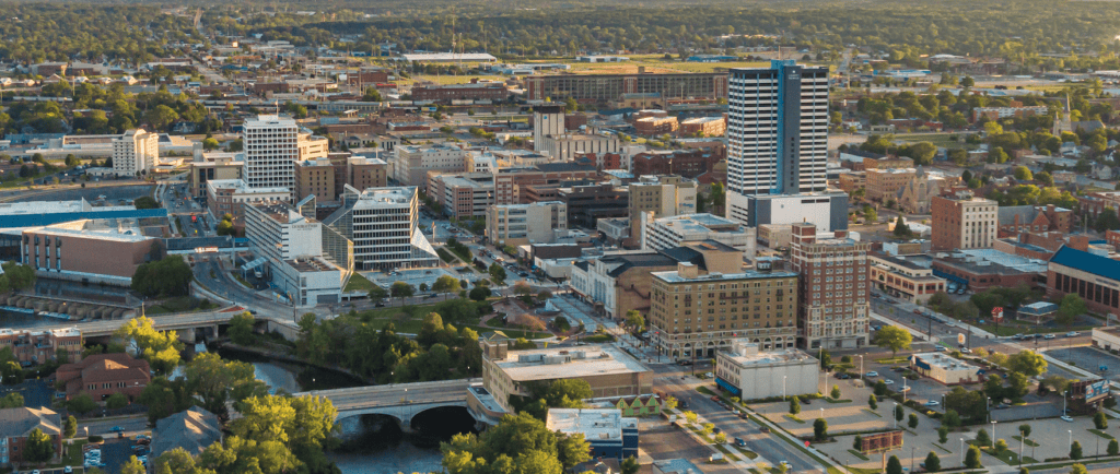 Aerial view of downtown South Bend in the county of St Joseph Indiana