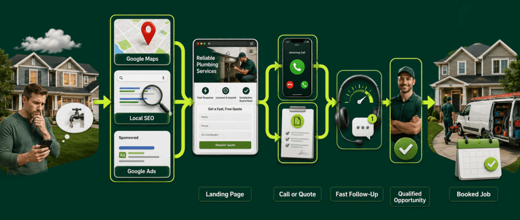 Home service lead generation system connecting Google Maps, local SEO, Google Ads, landing pages, follow-up, and booked jobs.