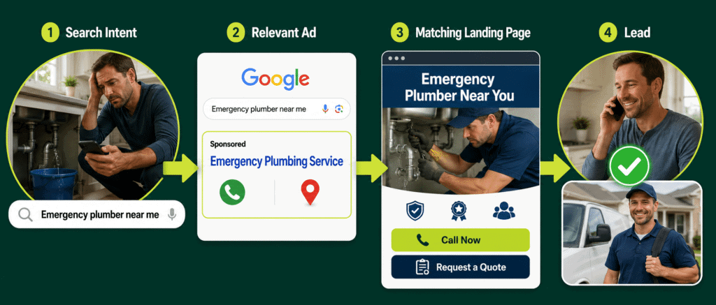 Google Search ad and landing page journey for generating qualified home service leads.