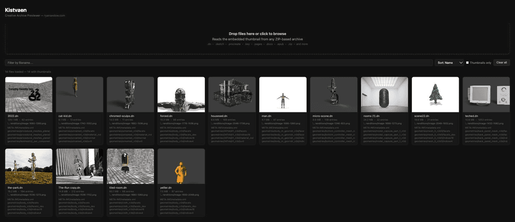 Kistvaen showing embedded thumbnails from 14 Adobe Dimension files