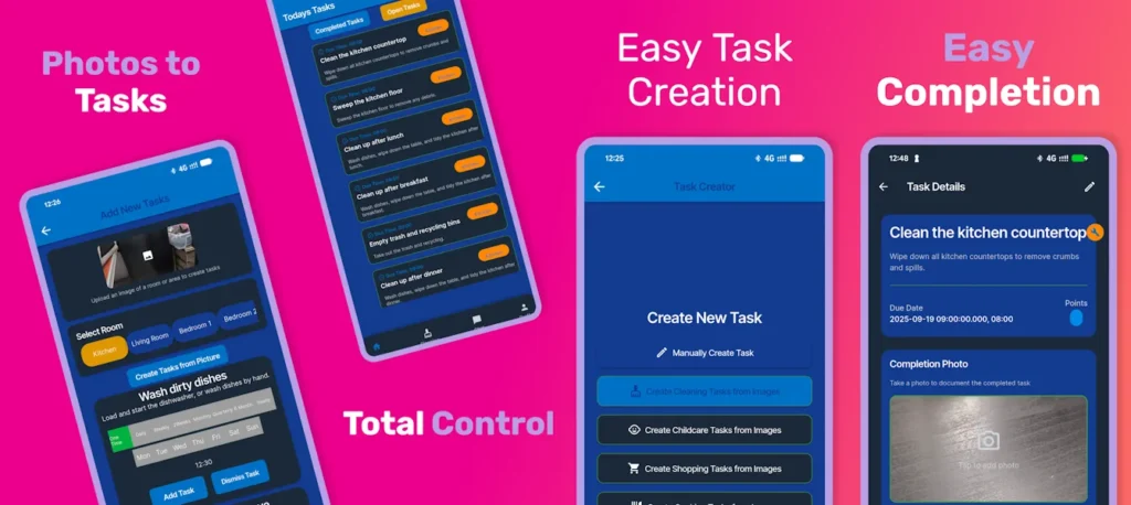 HelperPlan.ai app showing AI-generated helper schedule and progress tracking on mobile screens.