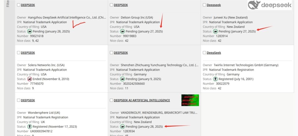 Trademark search result about "deepseek" by WIPO.