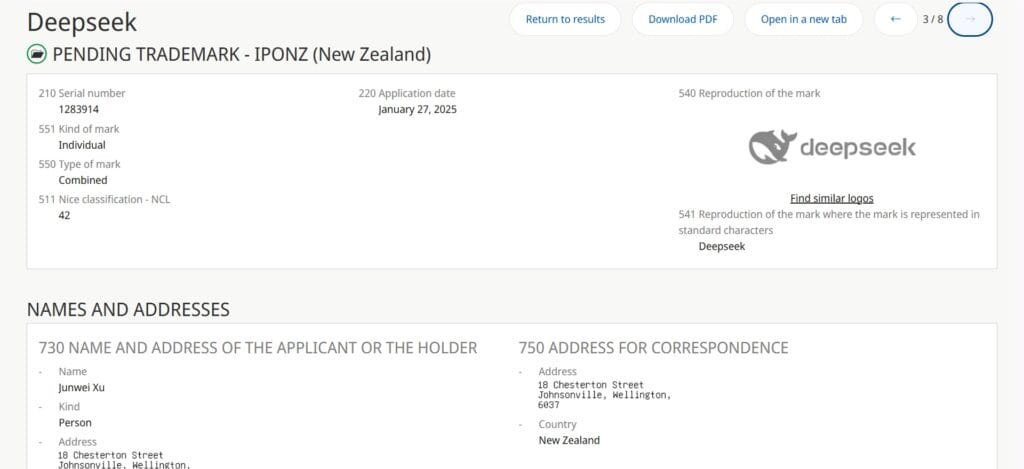 "deepseek & logo" is pending in NZ.