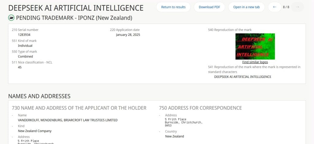 “DEEPSEEK AI ARTIFICIAL INTELLIGENCE” is pending in NZ.