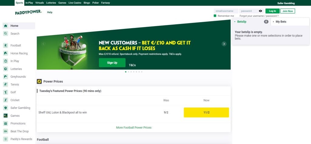 Paddy Power Website and Navigation for Sports Betting