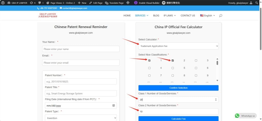 Calculate the official fees for trademark application.