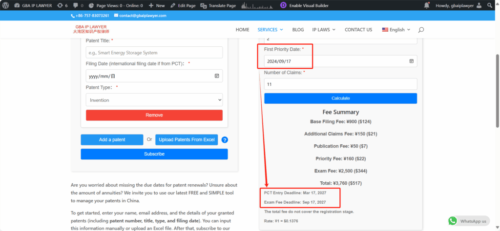 Calculate the deadline for PCT entry and examination fees in China.