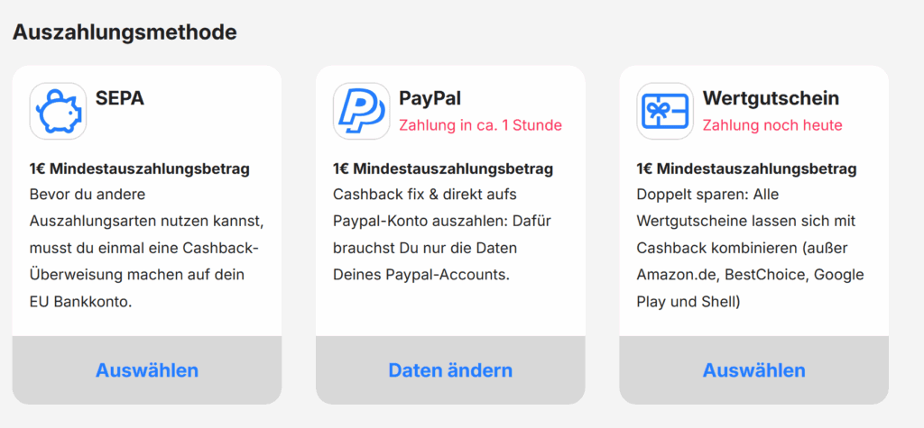 Cashback auszahlen lassen via SEPA oder PayPal.