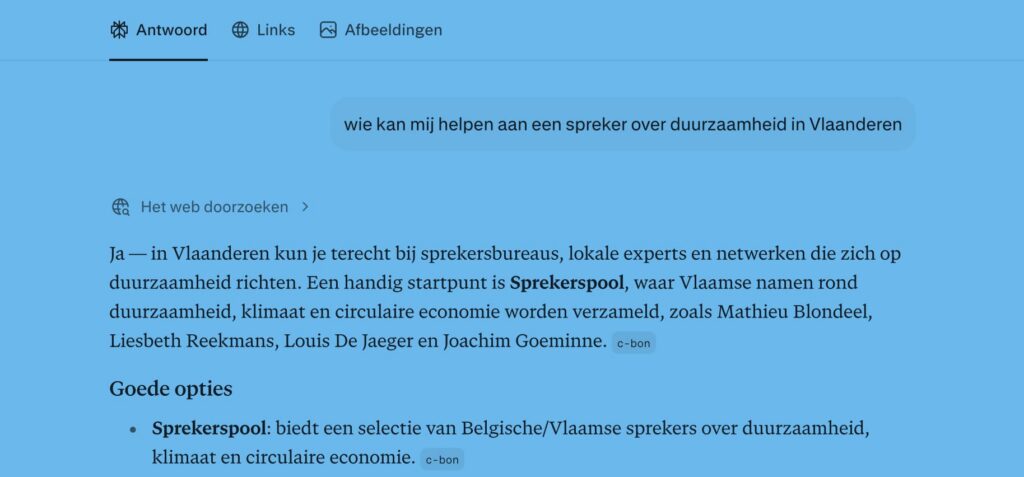 Zo verschijnt de info over Sprekerspool in Perplexity, als gevolg van de duidelijke Over Ons-pagina.