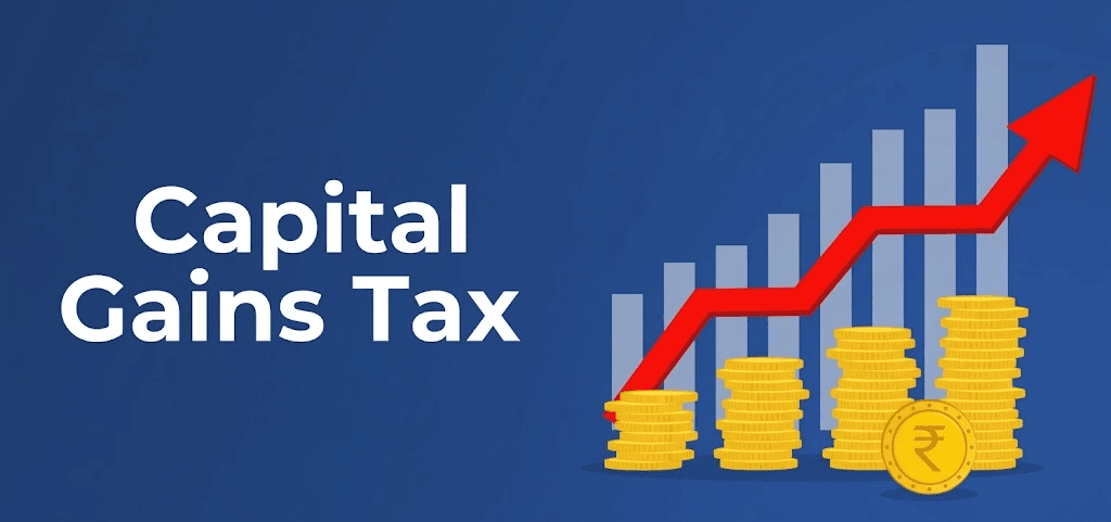 Capital gains tax illustration showing rising investment bars, an upward red arrow, and stacks of coins.